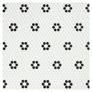 A field of the Petite Fleurette pattern in White and Black Satin, from the Cafe Glass Mosaic collection. A field of the Petite Fleurette pattern in White and Black Satin, from the Cafe Glass Mosaic collection.