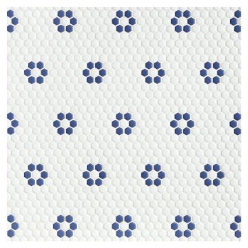 A field of the Petite Fleurette pattern in White and Deep Blue Satin, from the Cafe Glass Mosaic collection. A field of the Petite Fleurette pattern in White and Deep Blue Satin, from the Cafe Glass Mosaic collection.