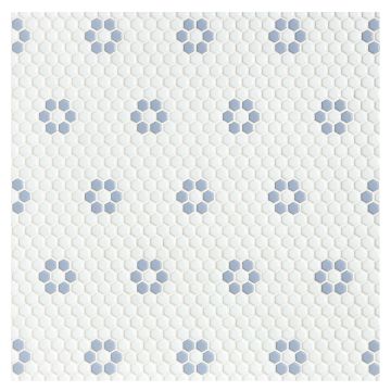 A field of the Petite Fleurette pattern in White and Powder Blue Satin A field of the Petite Fleurette pattern in White and Powder Blue Satin
