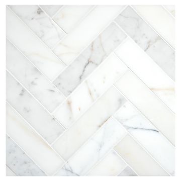 A field of the 1-1/2" X 6" Herringbone mosaic in polished Calacatta Gold marble.