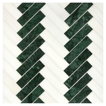 A field of the 1" x 4" Pairingbone mosaic in honed Bianco Dolomiti Select and Dutchess Green marble. A field of the 1" x 4" Pairingbone mosaic in honed Bianco Dolomiti Select and Dutchess Green marble.