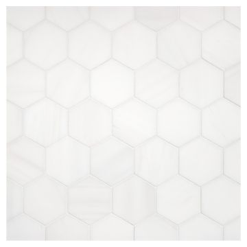 A field of the 2-1/4" Hexagon mosaic in honed Bianco Dolomiti Select marble. A field of the 2-1/4" Hexagon mosaic in honed Bianco Dolomiti Select marble.