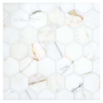 A field of the 2-1/4" Hexagon mosaic in honed Calacatta Gold marble. A field of the 2-1/4" Hexagon mosaic in honed Calacatta Gold marble.