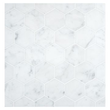 A field of the 2-1/4" Hexagon mosaic in polished Italian Carrara Light Select marble. A field of the 2-1/4" Hexagon mosaic in polished Italian Carrara Light Select marble.