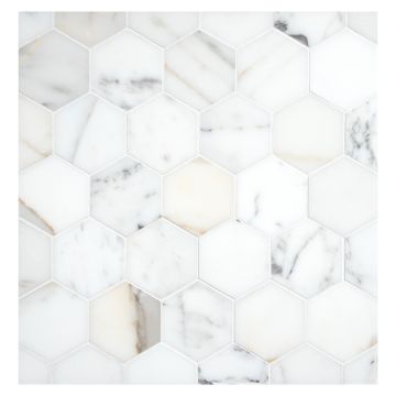 A field of the 2-1/4" Hexagon mosaic in polished Calacatta Gold marble. A field of the 2-1/4" Hexagon mosaic in polished Calacatta Gold marble.