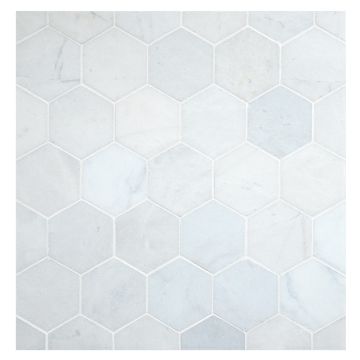 A field of the 2-1/4" Hexagon mosaic in polished Morning Blue marble. A field of the 2-1/4" Hexagon mosaic in polished Morning Blue marble.