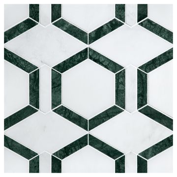 A field of the Metro Hex mosaic, seen in honed Asian Carrara Ultra Premium, East White, and Dutchess Green marble, part of the Specialty Mosaics collection. A field of the Metro Hex mosaic, seen in honed Asian Carrara Ultra Premium, East White, and Dutchess Green marble, part of the Specialty Mosaics collection.