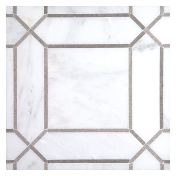 A field of the Pickets mosaic, seen in honed Asian Carrara Ultra Premium and polished Cinderella Gray marble, part of the Specialty mosaic collection. A field of the Pickets mosaic, seen in honed Asian Carrara Ultra Premium and polished Cinderella Gray marble, part of the Specialty mosaic collection.
