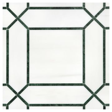 A field of the Pickets mosaic, seen in honed Bianco Dolomiti select and Dutchess Green marble, part of the Specialty mosaics collection. A field of the Pickets mosaic, seen in honed Bianco Dolomiti select and Dutchess Green marble, part of the Specialty mosaics collection.