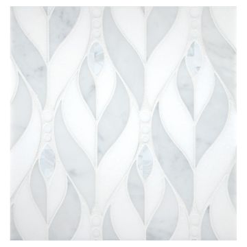 A field of the Petals waterjet mosaic, seen in polished Thassos and Italian Carrara marble with White Mother of Pearl accents, part of the Specialty Mosaics Collection. A field of the Petals waterjet mosaic, seen in polished Thassos and Italian Carrara marble with White Mother of Pearl accents, part of the Specialty Mosaics Collection.