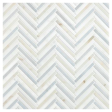 The Refined Herringbone mosaic in Bianco Dolomiti, Calacatta Gold and Morning Blue marble. The Refined Herringbone mosaic in Bianco Dolomiti, Calacatta Gold and Morning Blue marble.