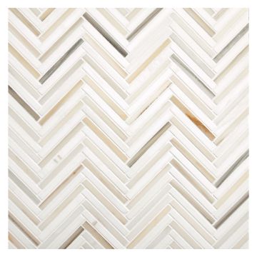 A field of the Refined Herringbone mosaic seen in honed Bianco Dolomiti Select and polished Oro Striato marble colorway. A field of the Refined Herringbone mosaic seen in honed Bianco Dolomiti Select and polished Oro Striato marble colorway.
