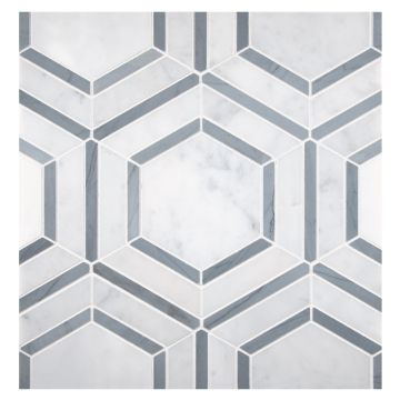 A field of the Royal New Duchy mosaic, seen in polished Italian Carrara and Bardiglio marble, part of the Specialty Mosaics collection. A field of the Royal New Duchy mosaic, seen in polished Italian Carrara and Bardiglio marble, part of the Specialty Mosaics collection.
