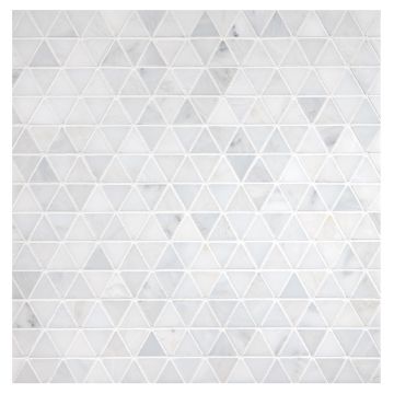 A field of the Refined Triangle mosaic seen in a mix of honed and polished Asian Carrara Ultra Premium marble. A field of the Refined Triangle mosaic seen in a mix of honed and polished Asian Carrara Ultra Premium marble.