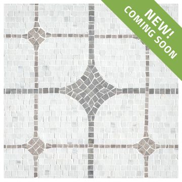 The Vita handclipped mosaic in honed Asian Carrara Ultra Premium, Cinderella Gray marble, and Wood Vein Blue limestone. 