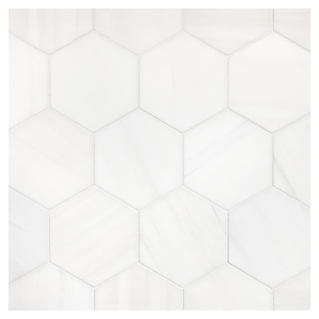 A field of the 3-1/2" Hexagon mosaic in honed Bianco Dolomiti Select marble.