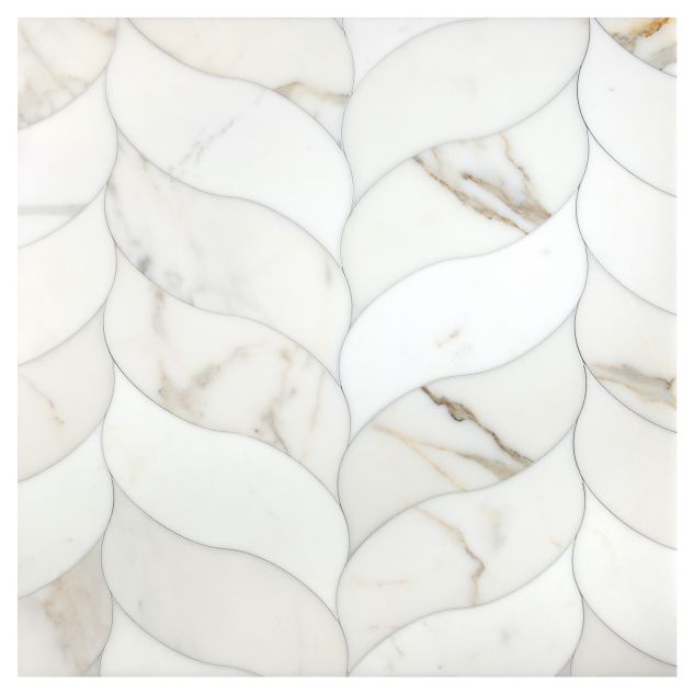 A 24" x 24" field of Acurve Delicato Flow A+B interlocking waterjet tile in Calacatta Gold with a honed finish