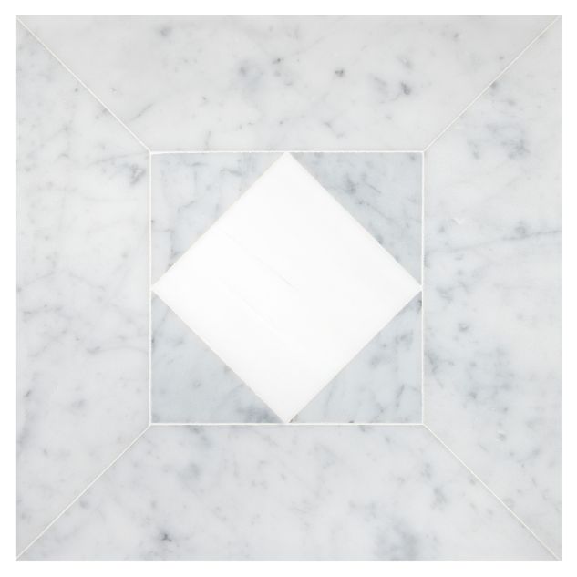 The pART Deco Modique Solid Frame and Asquare mosaic module B in honed Bianco Dolomiti Select and Italian Carrara Light Select marble.