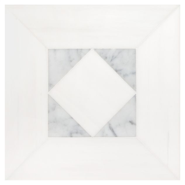 The pART Deco Modique Solid Frame and Asquare mosaic module D in honed Bianco Dolomiti Select and Italian Carrara Light Select marble.