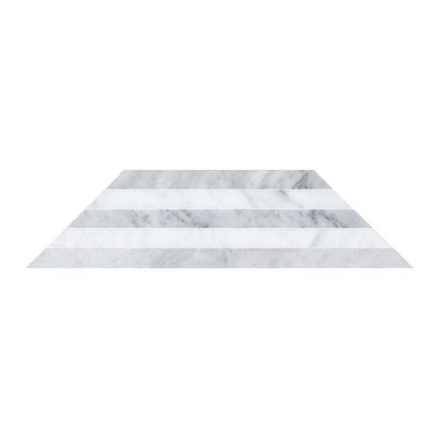A single sheet of the pART Deco Modique Grey mosaic in polished Italian Carrara Light Select and Italian Carrara Dark Select marble.