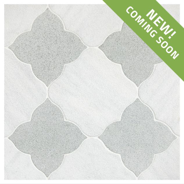 The Angelique waterjet tile module in Mugla White Crest tile and Verde Laguna Flower tile, seen with a tumbled and bush-hammered finish.