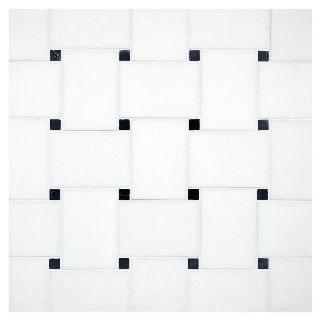 A field of the Bold Basketweave mosaic in honed Thassos Select with Nero Marquina marble dots.