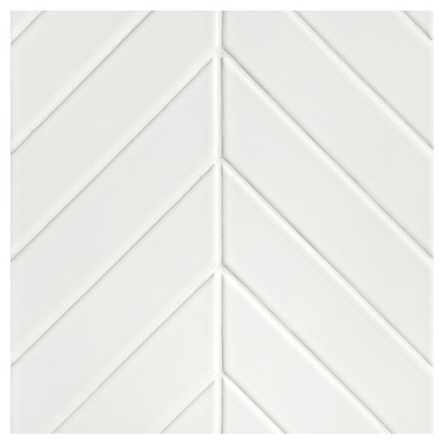 The Cezanne Chevron 2" x 8" mosaic in Mountain Peak White with a gloss finish.
