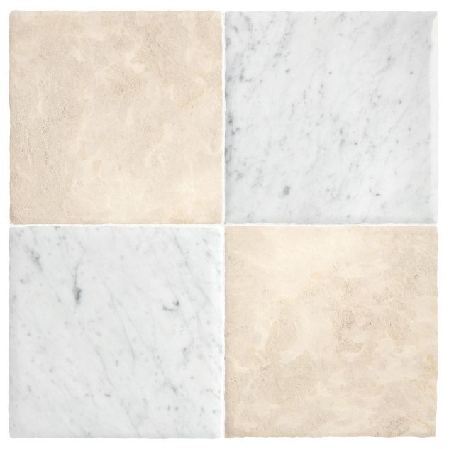 Chateau Lyon 8" x 8" checkerboard in Italian Carrara Light Select marble and Barley Beige limestone in a Historique finish.