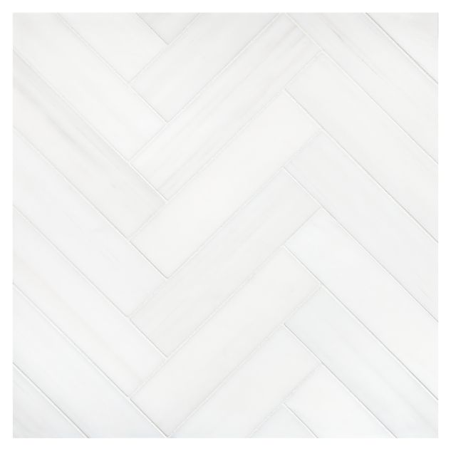 A field of the 1-1/2" X 6" Herringbone mosaic in honed Bianco Dolomiti Select marble.