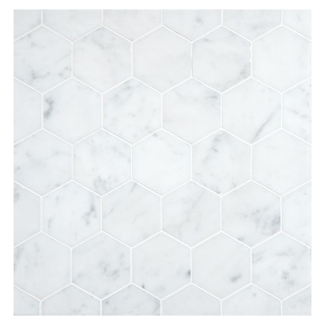 A field of the 2-1/4" Hexagon mosaic in polished Italian Carrara Light Select marble.