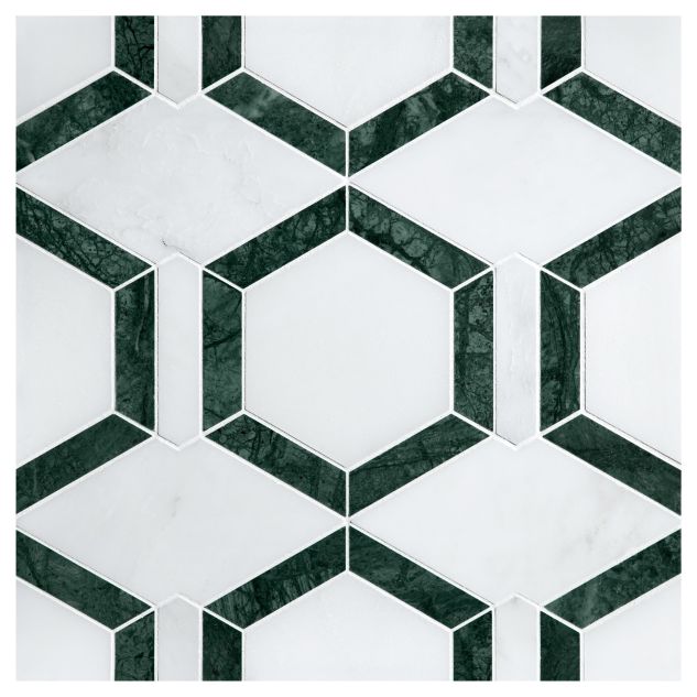 The Metro Hex mosaic in Asian Carrara Ultra Premium, East White and Dutchess Green marble.