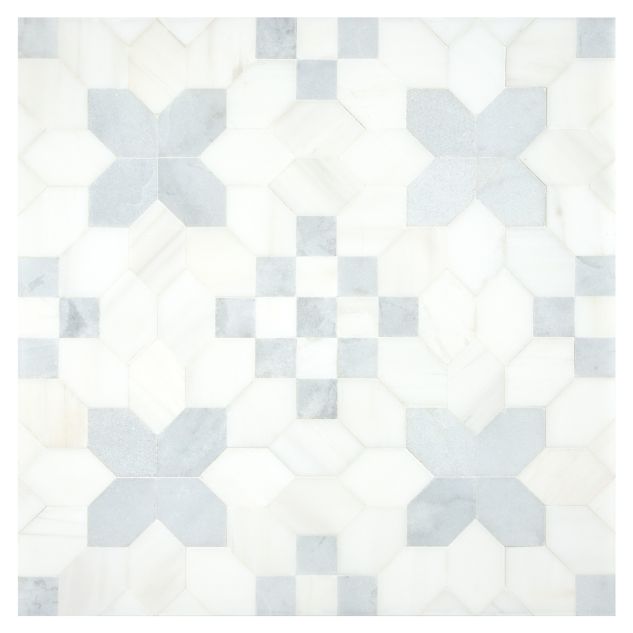 A field of the Lucid mosaic in Bianco Dolomiti Select and Morning Blue honed marble