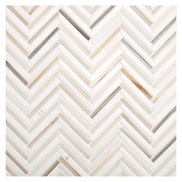 A field of the Refined Herringbone mosaic seen in honed Bianco Dolomiti Select and polished Oro Striato marble colorway.