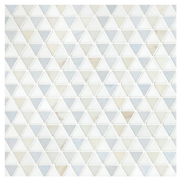 The Refined Triangle mosaic in Bianco Dolomiti, Calacatta Gold and Morning Blue marble.